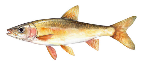 Watercolor illustration of a yellow fish isolated on transparent background, showcasing its fins, scales, and distinctive markings in a detailed style