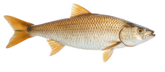 Full view of a golden fish isolated on transparent background, showcasing its scales, fins, and streamlined body shape in a clear and detailed image