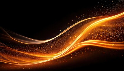 Abstract golden waves with glittering particles on a black background create elegance and luxury