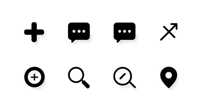 Modern black UI/UX icon set featuring essential symbols like plus, chat, search, location, and zoom for web and app design projects.