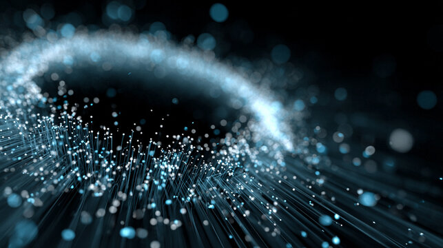 Abstract circular portal formed by flowing data streams, glowing with neon light and digital energy, creating a futuristic, high-tech, and immersive sci-fi visual effect.