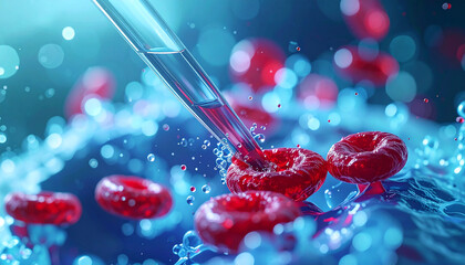 Scientific Precision: A close-up view captures the essence of scientific exploration, as a pipette delicately interacts with individual red blood cell within a mesmerizing water-like background.