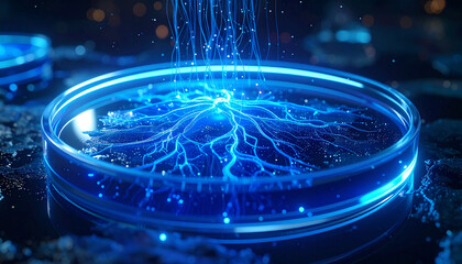 Digital Circuitry: A captivating display of advanced technology where a blue digital circuit board glows vibrantly, illustrating the complexities of information networks.