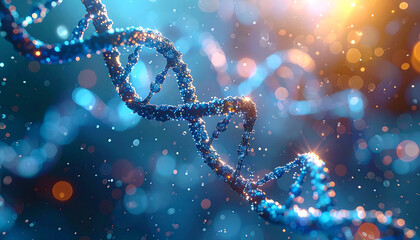 DNA Strand in the Cosmos: A close-up view of a vibrant DNA double helix, shimmering with an ethereal glow against a backdrop of cosmic particles and light.