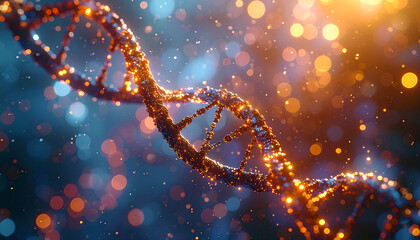 DNA strand close up: A highly detailed, artistic rendering of a double helix DNA strand, bathed in a shimmering interplay of light and shadow, representing the core of life
