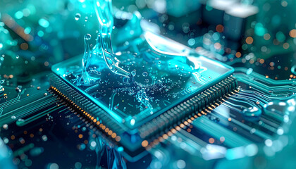 Water's Embrace of Technology: An abstract macro perspective of a computer chip, gracefully enveloped by a stream of pure water, symbolizing the intricate dance between innovation and fluid dynamics.