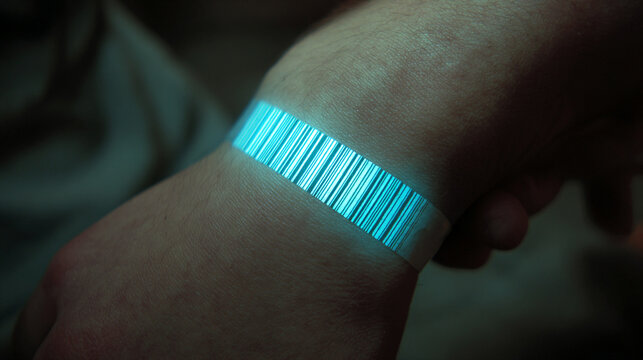 A glowing identity barcode displayed on a wrist, emitting neon light, symbolizing futuristic technology, digital identity, and cyberpunk aesthetics.