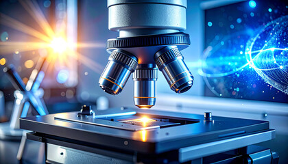Microscope in Laboratory: A detailed view of a gleaming microscope in a modern laboratory, the equipment highlighted by the ambient blue light in the background.