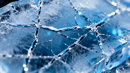 Close-up of cracked ice with intricate fracture patterns and blue tones