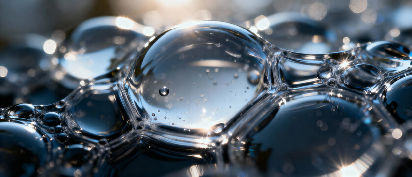 Close-up of water bubbles with reflective surfaces and light refraction