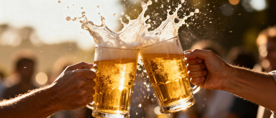Two hands clinking beer mugs with foam splashing in outdoor setting