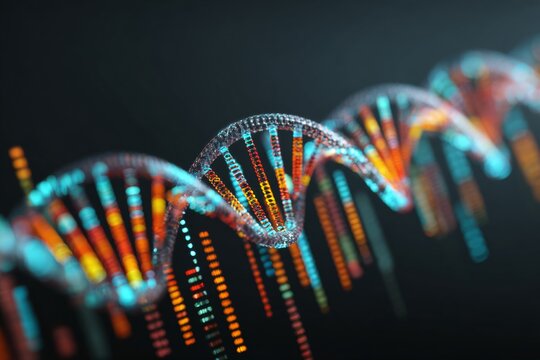 Innovative genetic research at the cutting-edge laboratory. Business strategy. Scientific journey through subtle blues and digital dna patterns in research space. Market trends. Financial report.