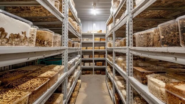 Medium view of a growth room with shelves of various spawn substrates like grain and sawdust highlighting different methods in mushroom farming