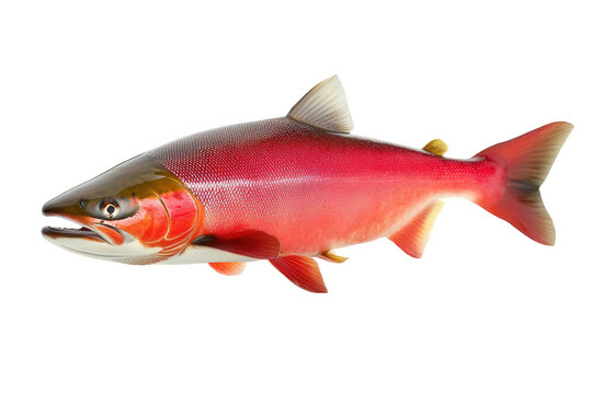 A vibrant sockeye salmon, isolated on transparent background, displays its bright red hue and streamlined body, showcasing the beauty of this anadromous fish species