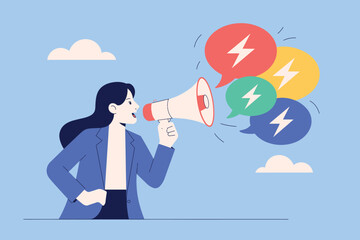 Woman with megaphone announcing important news with colorful speech bubbles featuring lightning bolts and clouds representing ideas and communication