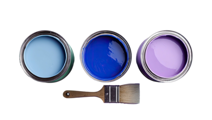 Three open paint cans, with brush