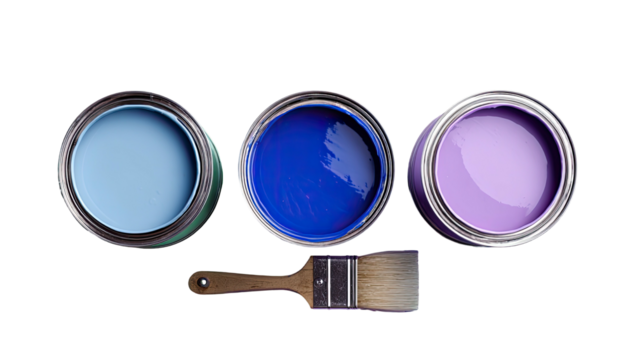Three open paint cans, with brush