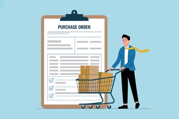 Man with shopping cart standing next to a purchase order document on a clipboard business transaction concept e-commerce shopping logistics