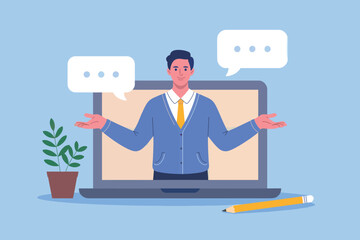 Confused online tutor or speaker gesturing frustration with speech bubbles during virtual presentation or class