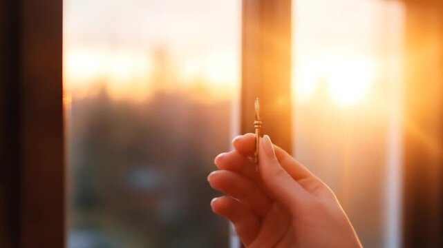 Hand holding ornate key against golden window light symbolizing opportunity future success