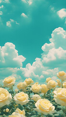 Vibrant Yellow Roses in a Stunning Teal Sky: Beautiful Contrast of Nature's Colors in this Golden Floral Scene