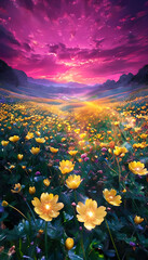 Awe-Inspiring Golden Valley Bathed in the Serenity of a Violet Sunset - Breathtaking Nature Landscape Photography for Wall Art