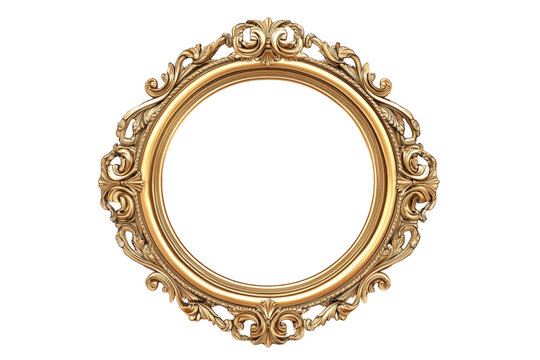 Naklejki Ornate gold picture frame isolated on transparent background, featuring intricate baroque details and a classic round shape, perfect for showcasing cherished memories or artwork
