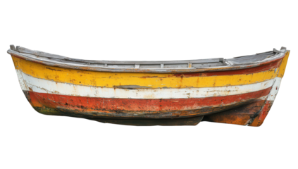 An old, weathered rowboat isolated on transparent background, featuring vibrant yellow, white, and red stripes, showcasing its rustic charm and maritime history
