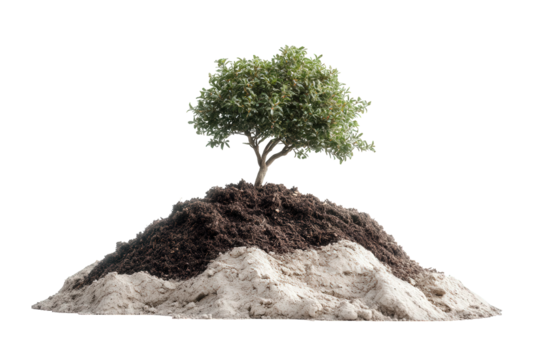 A small tree growing on a mound of soil, isolated on transparent background, symbolizing growth, resilience, and the beauty of natures ability to thrive in adversity