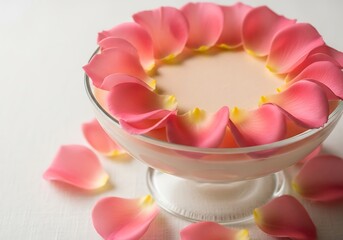 Bowl of creamy dessert beautifully adorned with scattered rose petals