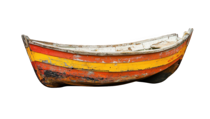 A weathered rowboat isolated on transparent background, showcasing vibrant red, yellow, and white stripes, embodying rustic charm and maritime history