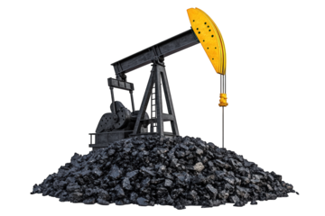 An oil pump jack on a pile of coal, isolated on transparent background the pump is black and yellow, and the coal is dark and shiny, representing fossil fuels