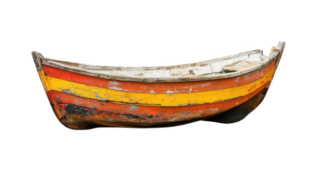A weathered rowboat isolated on transparent background, showcasing vibrant red, yellow, and white stripes, embodying rustic charm and maritime history - Powered by Adobe