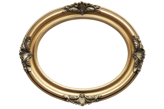 Elegant golden oval frame isolated on transparent background, showcasing intricate baroque details and a luxurious aesthetic, perfect for displaying cherished memories