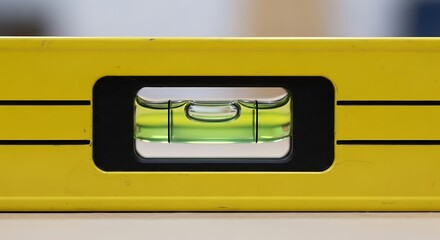 Close-up of a yellow spirit level showing bubble centered for accurate measurement
