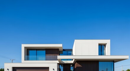Contemporary architectural design showcasing a minimalist modern home with sleek lines under a vibrant blue sky