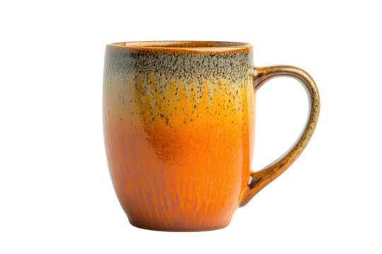 Stylish orange and brown mug isolated on transparent background, featuring a gradient color scheme and a comfortable handle, ideal for sipping your favorite hot drink