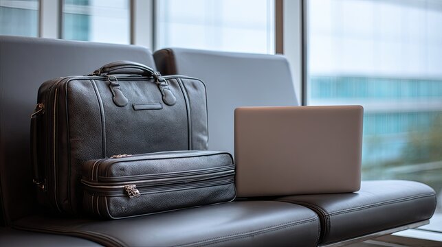 A sleek laptop and stylish luggage rest on a modern bench, showcasing a blend of travel and technology in an urban setting.