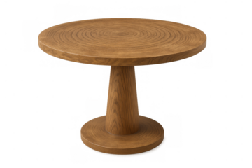 Round wooden side table with pedestal base, modern furniture design on transparent background