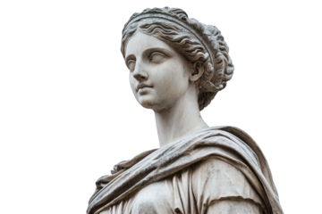 Marble bust of a woman with intricate headwear isolated on transparent background, showcasing classical beauty and timeless artistry in a detailed sculpture