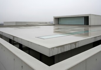 Contemporary architecture rooftop vista with rainwater reflecting scenery