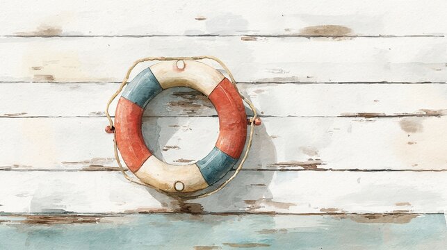 A watercolor-style illustration of a lifebuoy resting on a weathered wooden surface, evoking a coastal or nautical theme.