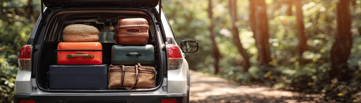 A car trunk filled with colorful luggage, set against a serene forest backdrop, suggesting adventure and travel.