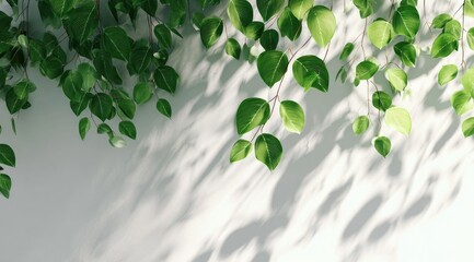 Green leaves cascade down a white wall, casting patterned shadows