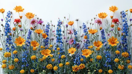 a single corner of colorful wildflowers arranged loosely on a white background and white surface