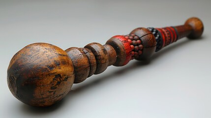 a single handmade musical rattle sitting on a white background, natural materials and ethnic design in focusy