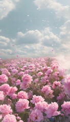 Serene Landscape: Delicate Soft Pink Blossoms Blooming Under Fluffy Clouds in a Peaceful Nature Scene