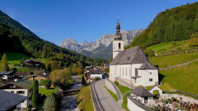 Famous Parish Church of St. Sebastianin the middle of Alp mountains at Ramsau village near Berchtesgaden, Germany.