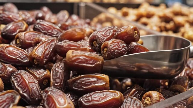 Closeup of a pile of dates in a market ready for purchase.