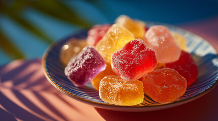 Gummy Candy Temptation: A close-up shot of a colorful assortment of gummy candies, artfully arranged on a patterned plate, offering a vibrant and inviting treat.
